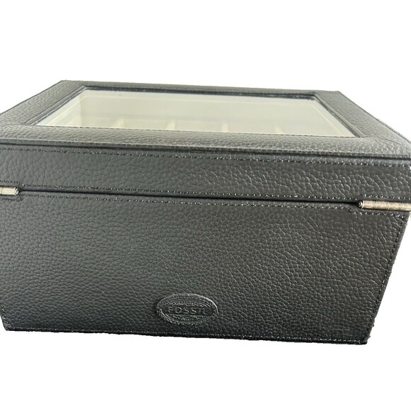 Fossil 10 Piece Watch Box Black w/ Storage Pull Out Drawer Jewelry Leather Trim - Picture 8 of 10